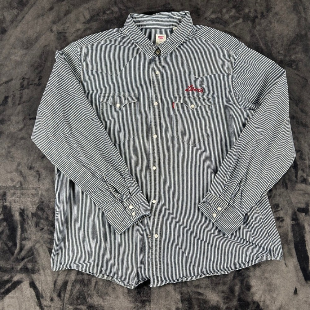 Levi's‎ Western Shirt Mens XXL Blue Hickory Stripe Pearl Snap Long Sleeve
